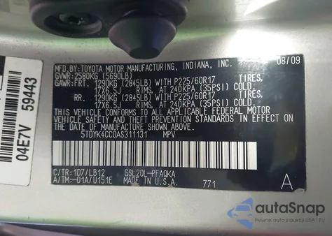 2010 Toyota Sienna Xle из США, поврежденный, VIN 5TDYK4CC0AS311131